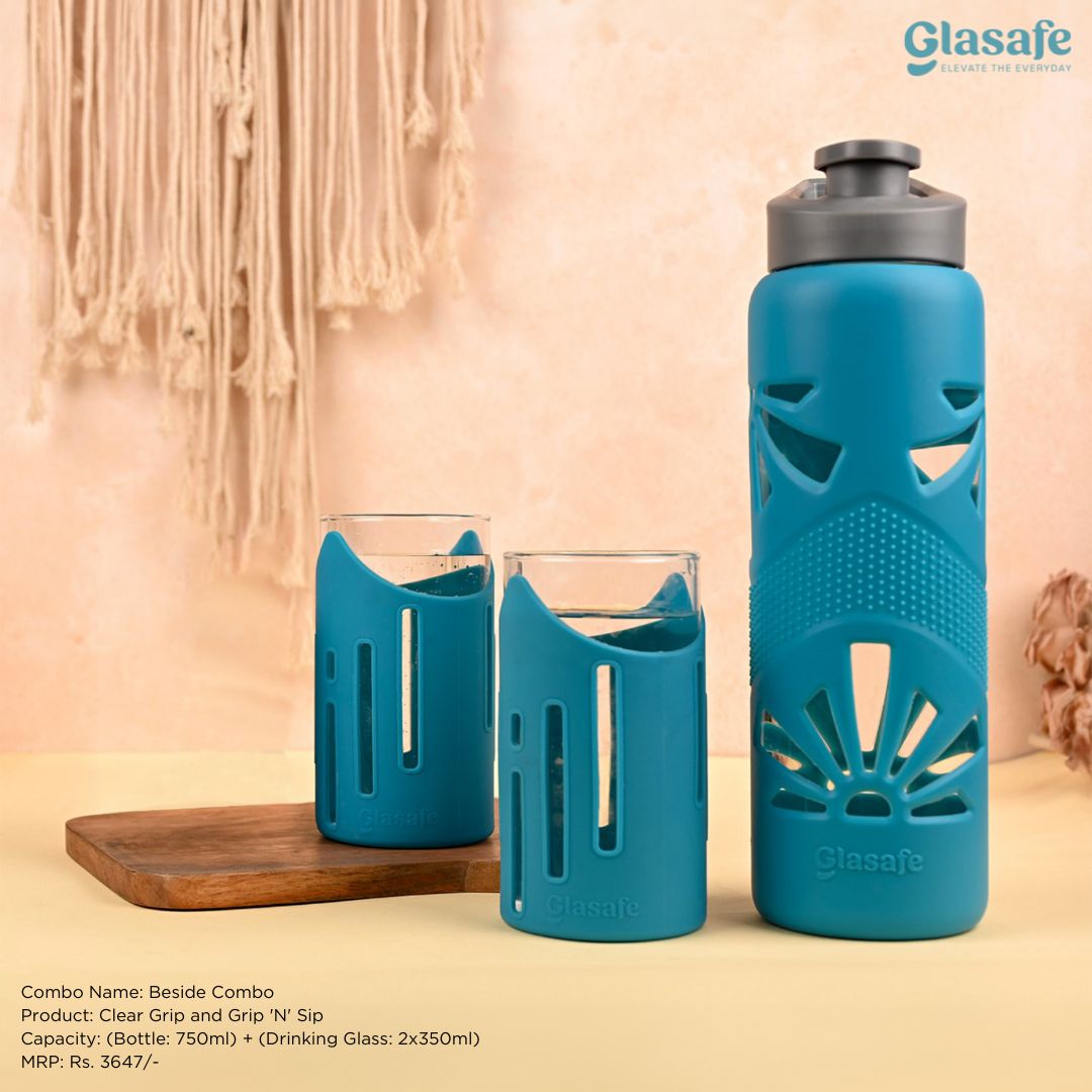 Glasafe Hydration Combo Set Of 3 (Bottle: 750mlX1 + Drinking Glass 350mlX2)