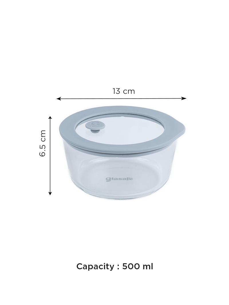 Borosilicate Glass Serving Bowl with Airtight-lid & Air-vent – 500ml Soothing Slate