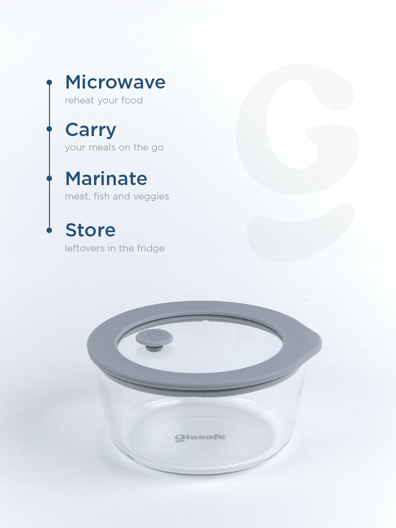 Borosilicate Glass Serving Bowl with Airtight-lid & Air-vent – 500ml Soothing Slate