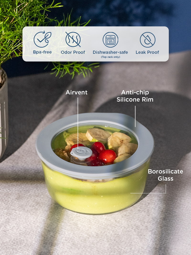 Borosilicate Glass Serving Bowl with Airtight-lid & Air-vent – 500ml Soothing Slate