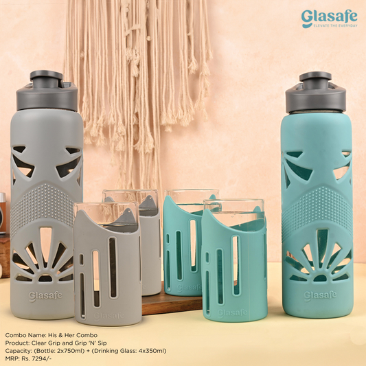 Glasafe His & Her Combo Set Of 6 (Bottle 750mlX2 + Drinking Glass 350mlX4)