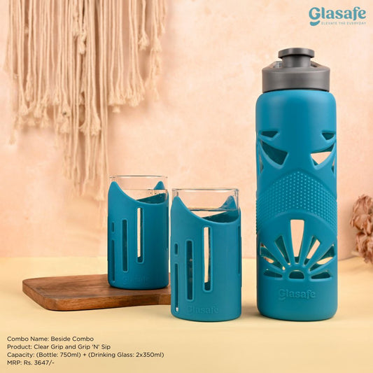 Glasafe Hydration Combo Set Of 3 (Bottle: 750mlX1 + Drinking Glass 350mlX2)