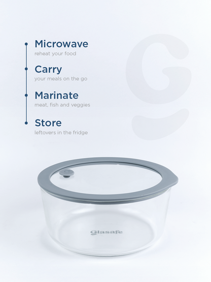 Borosilicate Glass Mixing Bowl with Airtight Leak-Proof Lid & Vent – 1600ml Soothing Slate