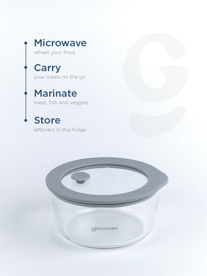 Borosilicate Glass Serving Bowl with Airtight-lid & Air-vent – 500ml Soothing Slate