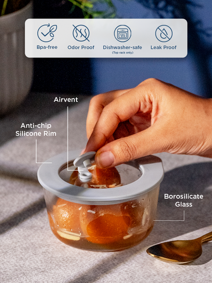 Borosilicate Glass Bowl with Leak-Proof Lid and Air Vent – 250ml (Soothing Slate)