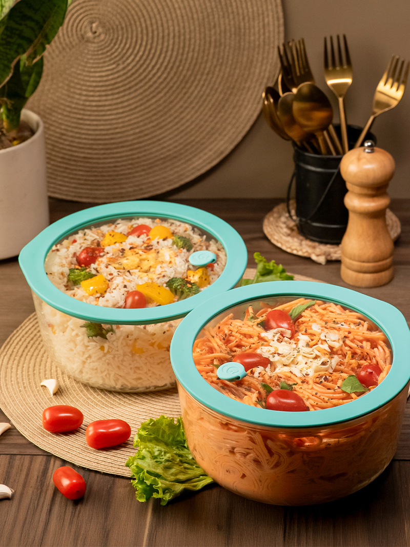 Large Borosilicate Glass Serving Bowl with Leak-proof Lid – 1600ml Mellow Mist